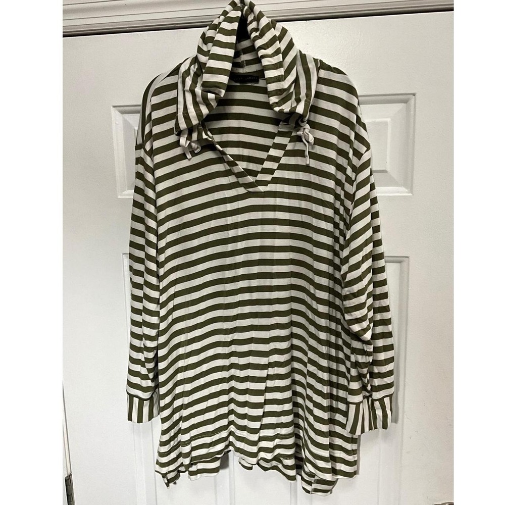 Lane + Delancey Women 2X Olive Green White Striped V-Neck Pullover Hoodie Top